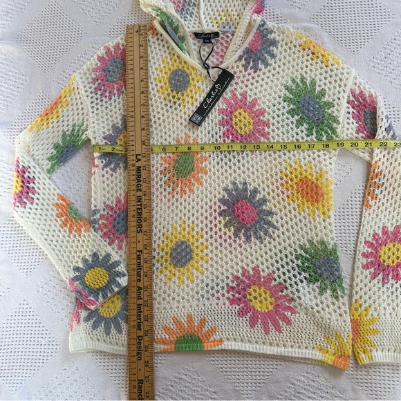 Charlie B Open Fishnet Crochet Multi-Color Daisy Hoodie Sweater-Small-Coquette - Picture 6 of 11
